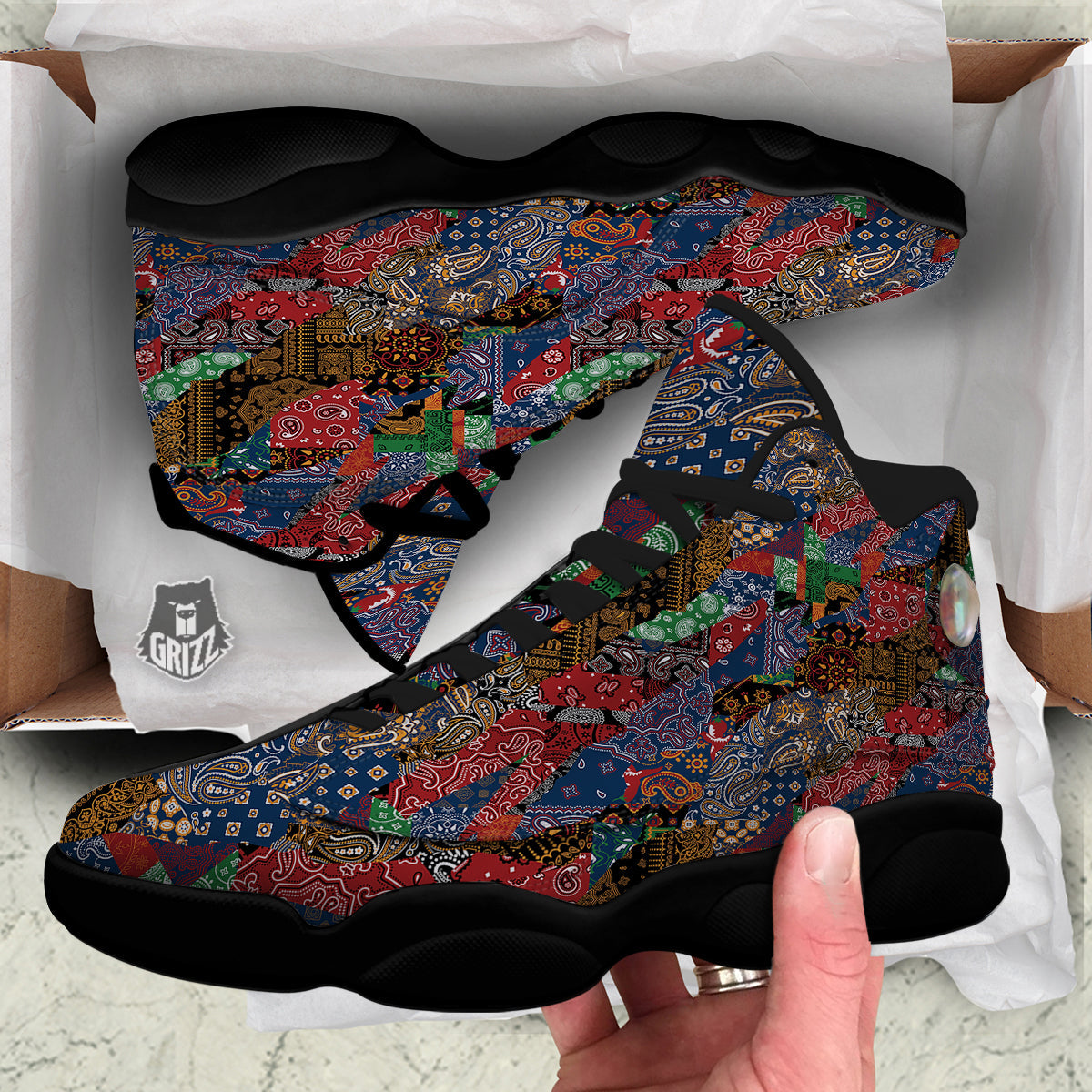Patchwork Bandanna Print Pattern Black Basketball Shoes-grizzshop