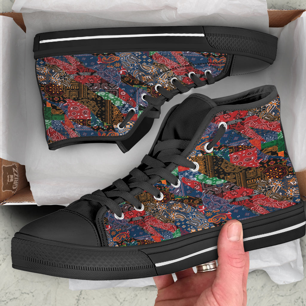 Patchwork Bandanna Print Pattern Black High Top Shoes-grizzshop