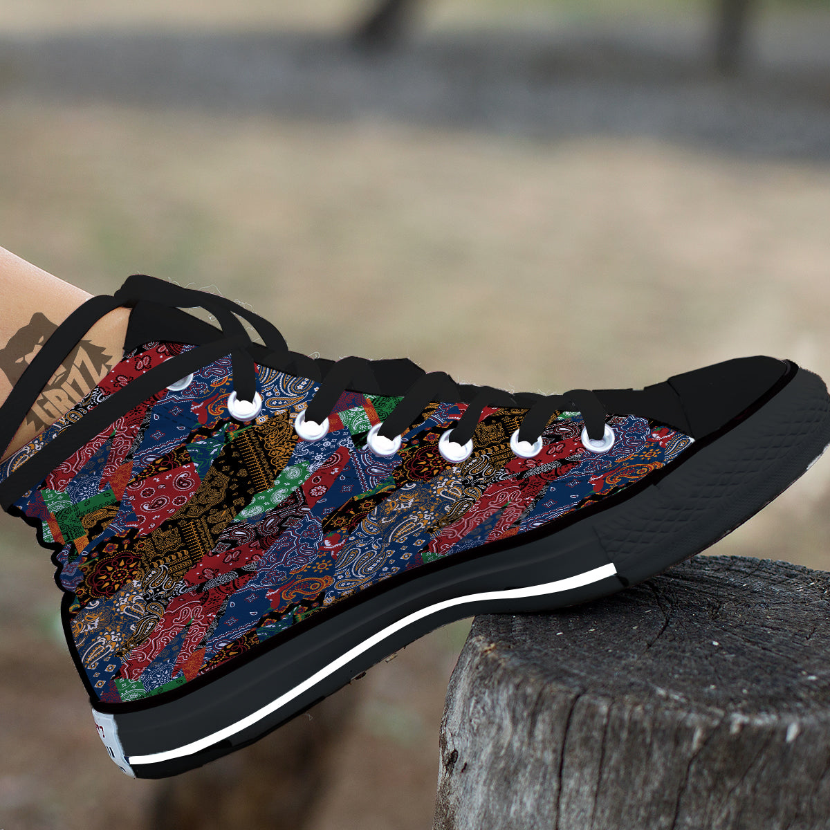Patchwork Bandanna Print Pattern Black High Top Shoes-grizzshop