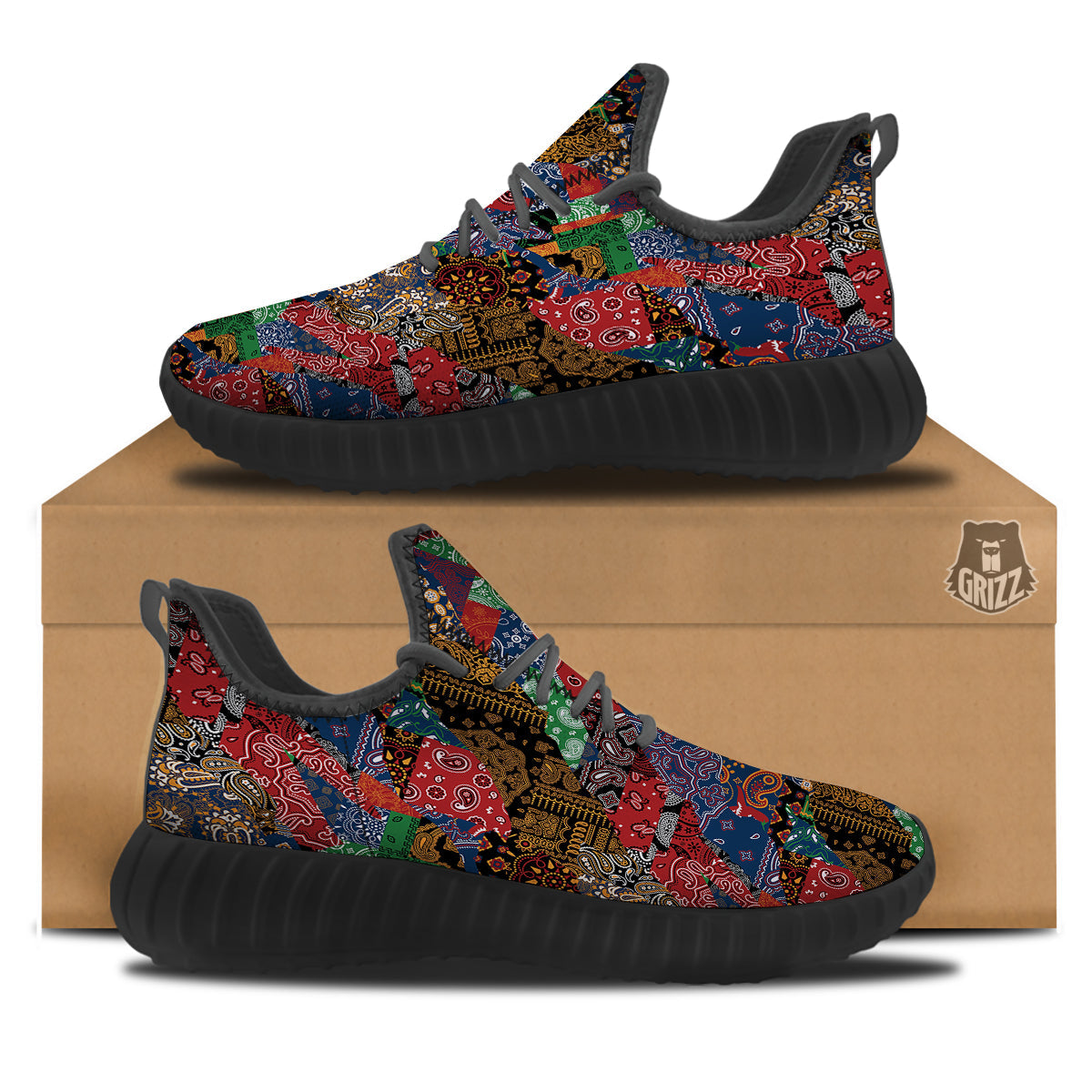 Patchwork Bandanna Print Pattern Black Walking Shoes-grizzshop