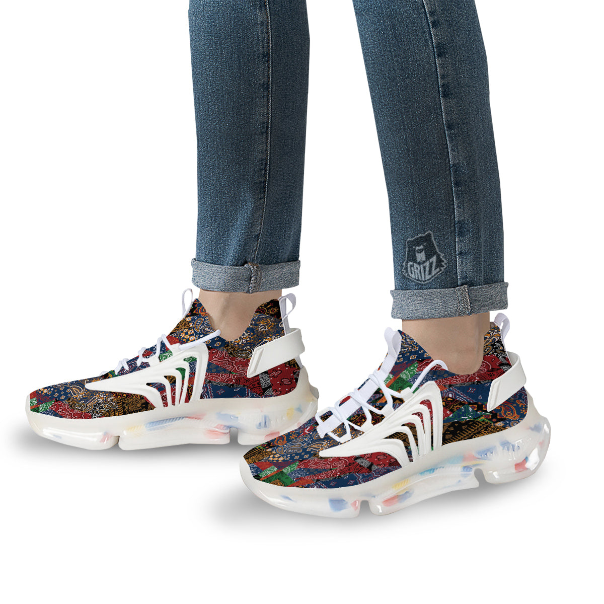 Patchwork Bandanna Print Pattern White Gym Shoes-grizzshop