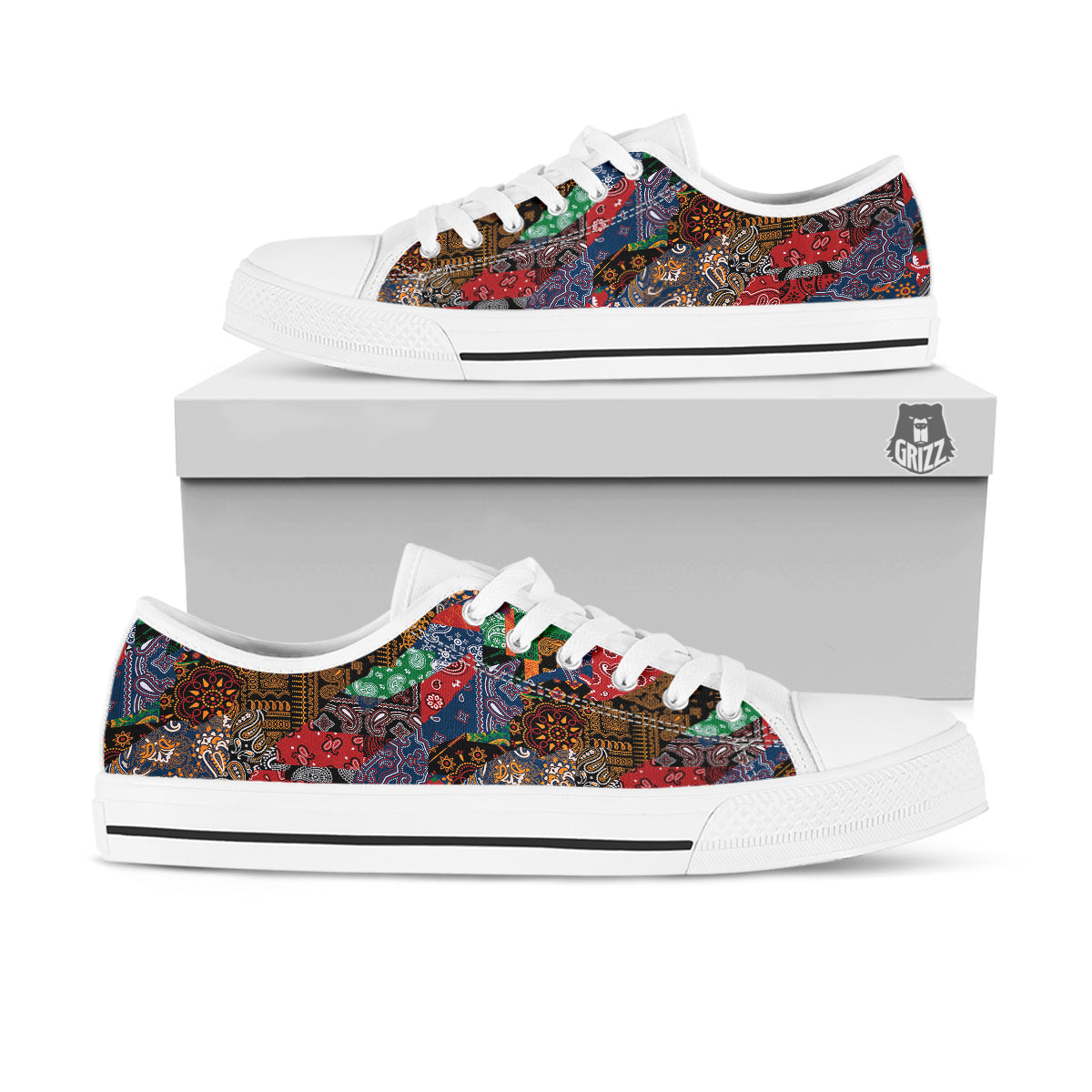 Patchwork Bandanna Print Pattern White Low Top Shoes-grizzshop