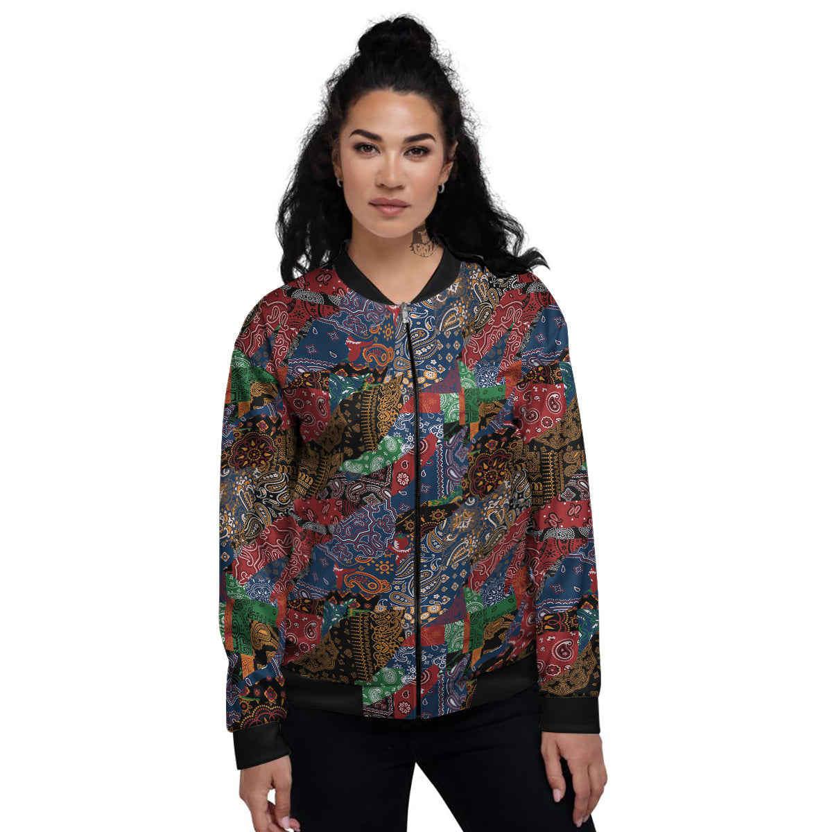 Patchwork Bandanna Print Pattern Women's Bomber Jacket-grizzshop