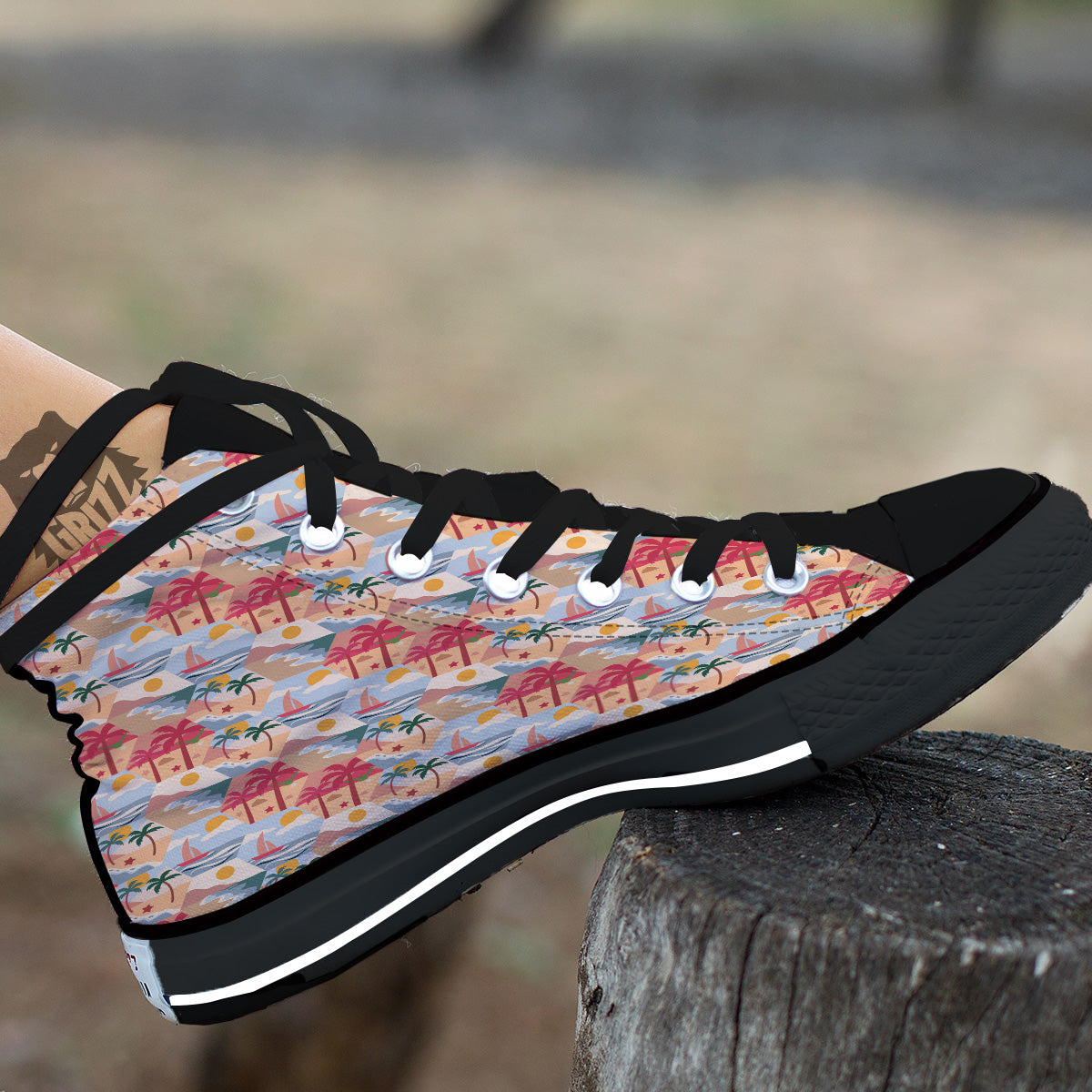 Patchwork Beach And Sunset Sky Print Pattern Black High Top Shoes-grizzshop