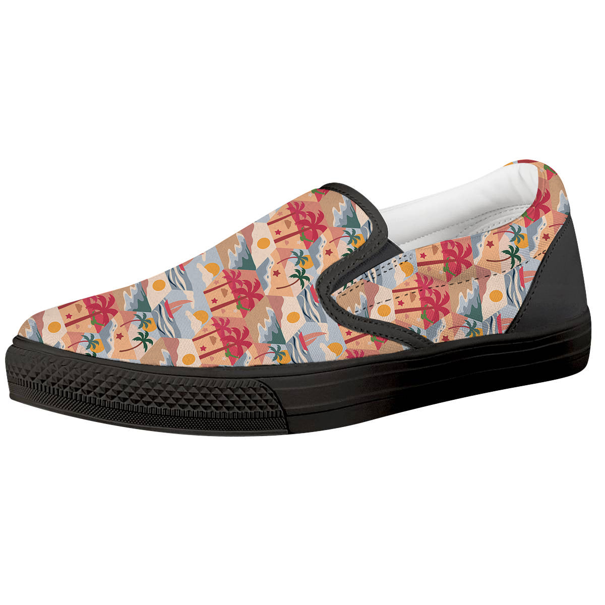 Patchwork Beach And Sunset Sky Print Pattern Black Slip On Shoes-grizzshop