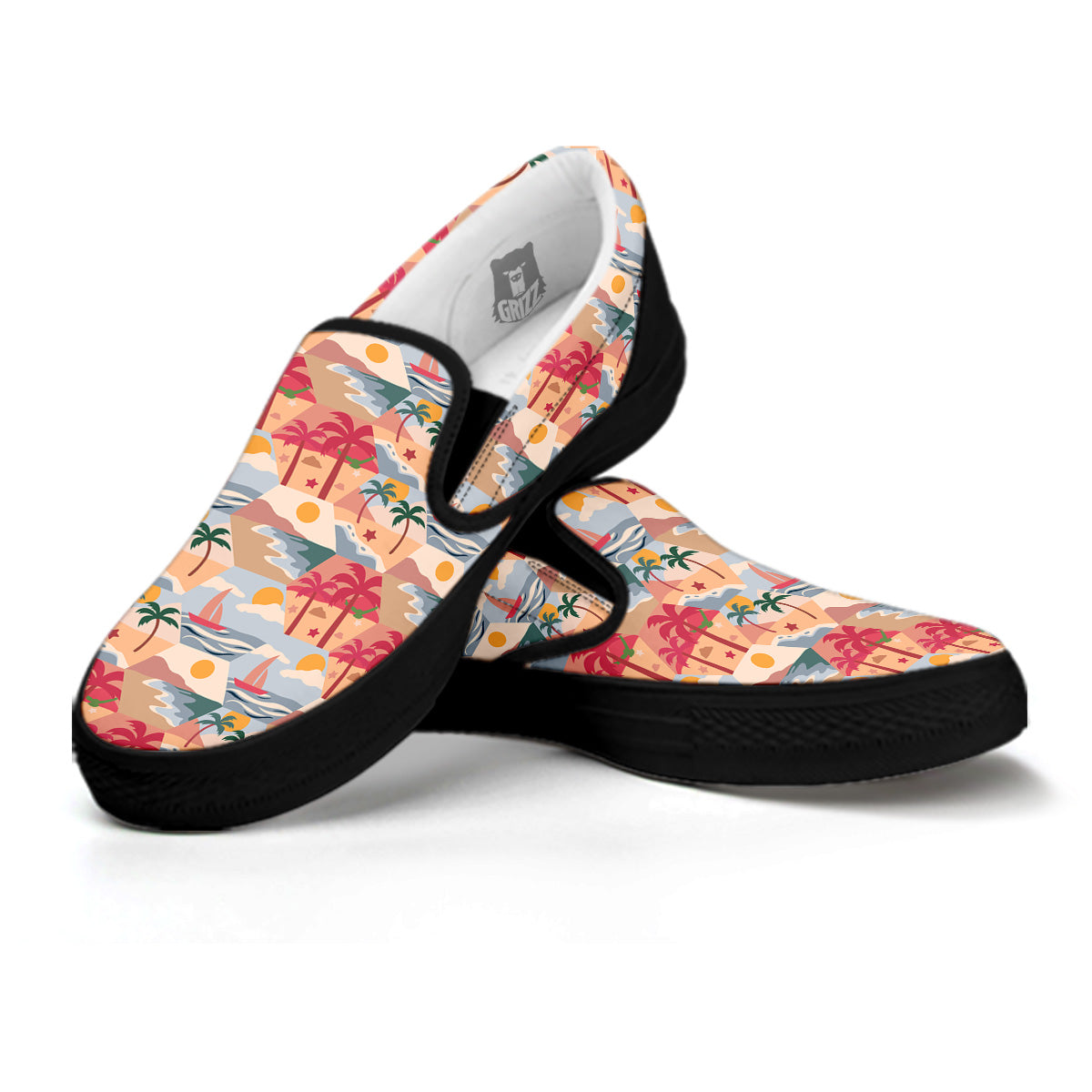 Patchwork Beach And Sunset Sky Print Pattern Black Slip On Shoes-grizzshop