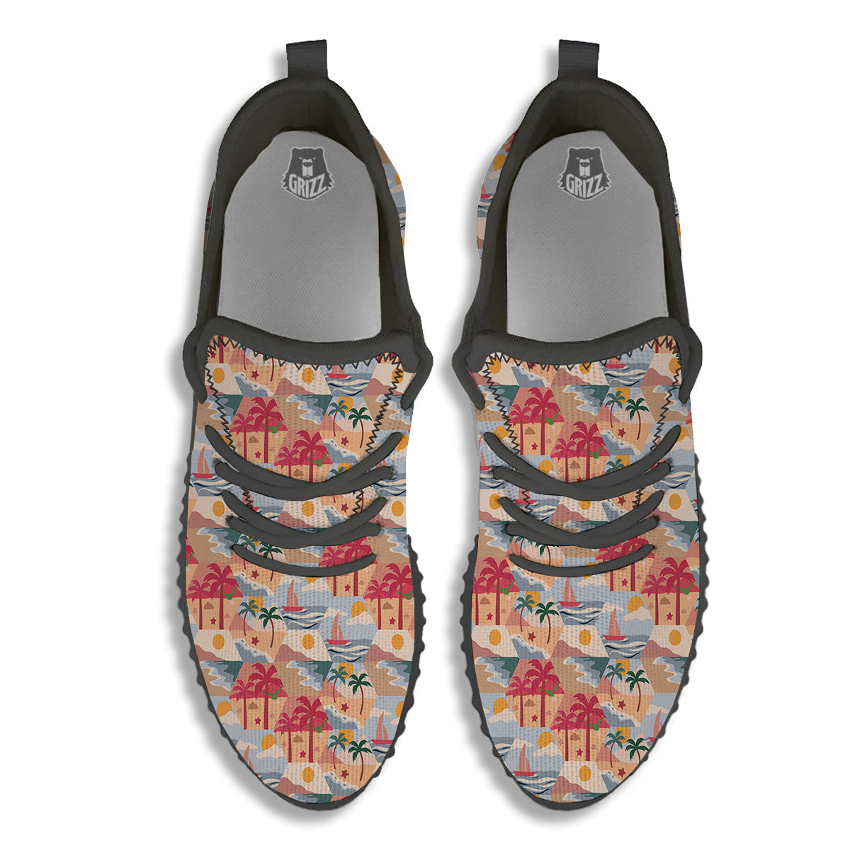 Patchwork Beach And Sunset Sky Print Pattern Black Walking Shoes-grizzshop