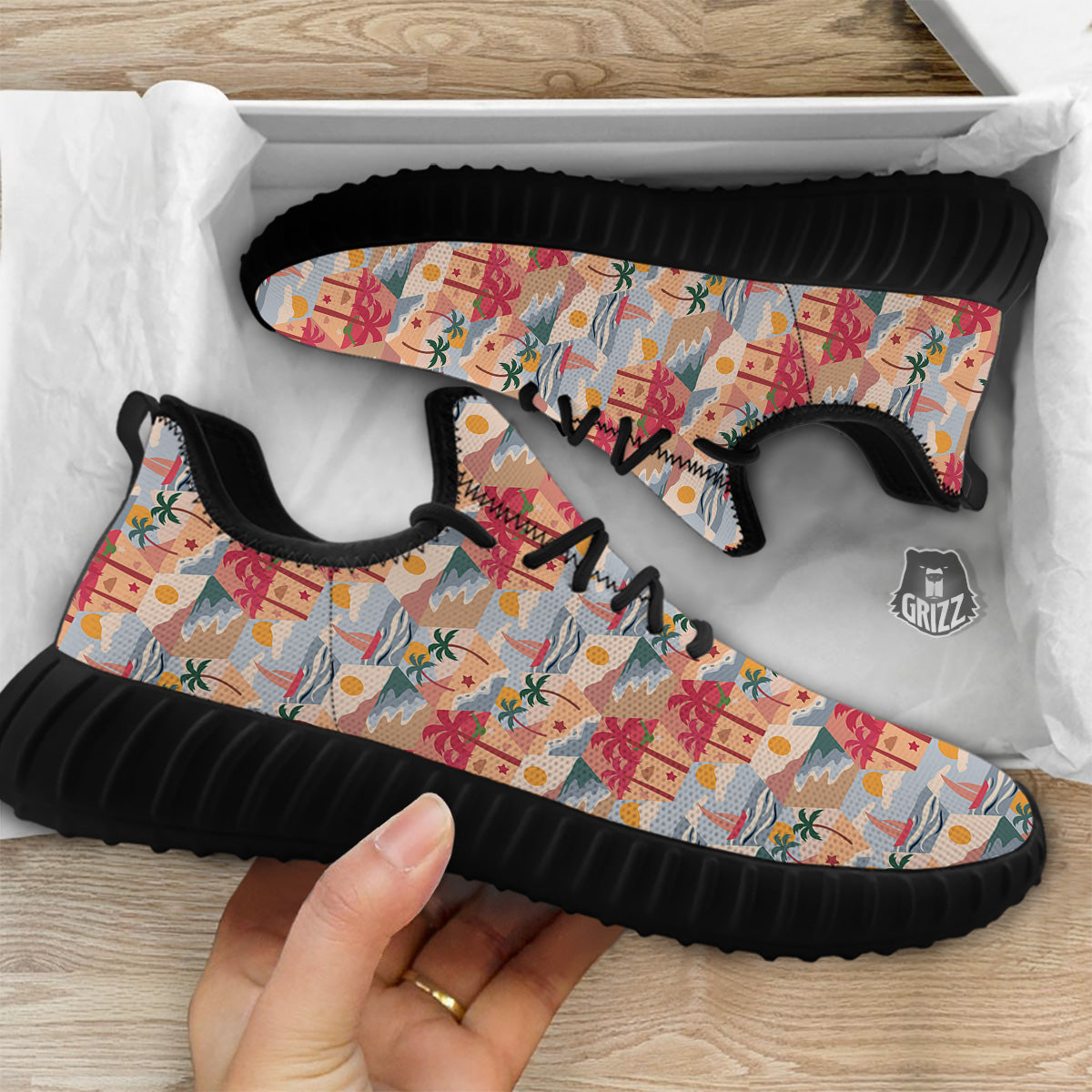 Patchwork Beach And Sunset Sky Print Pattern Black Walking Shoes-grizzshop