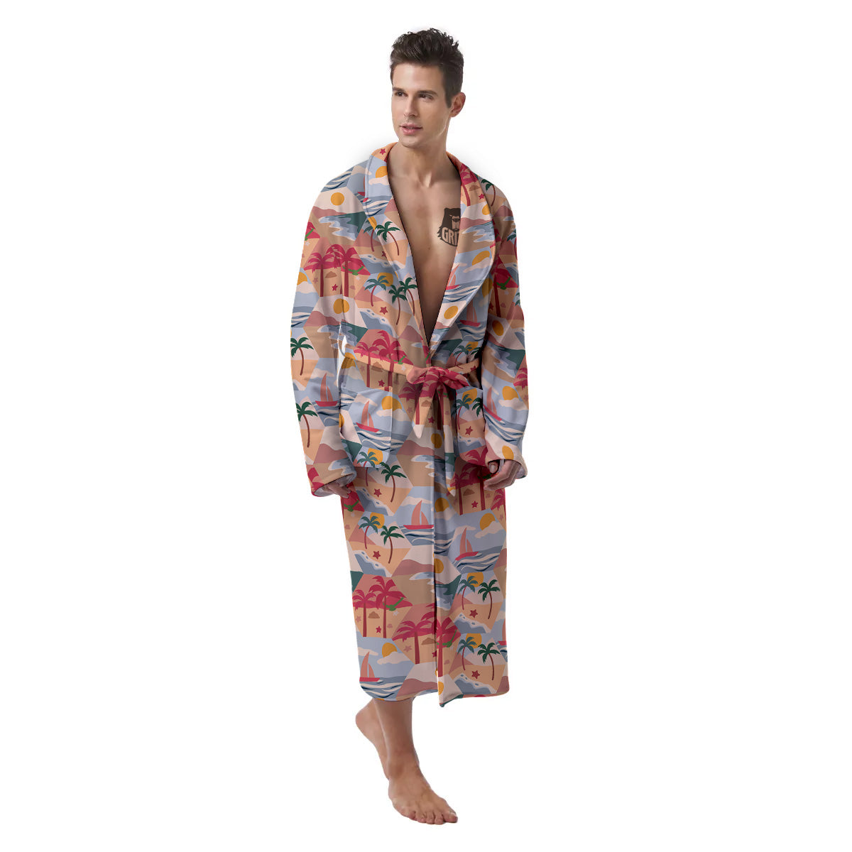 Patchwork Beach And Sunset Sky Print Pattern Men's Robe-grizzshop