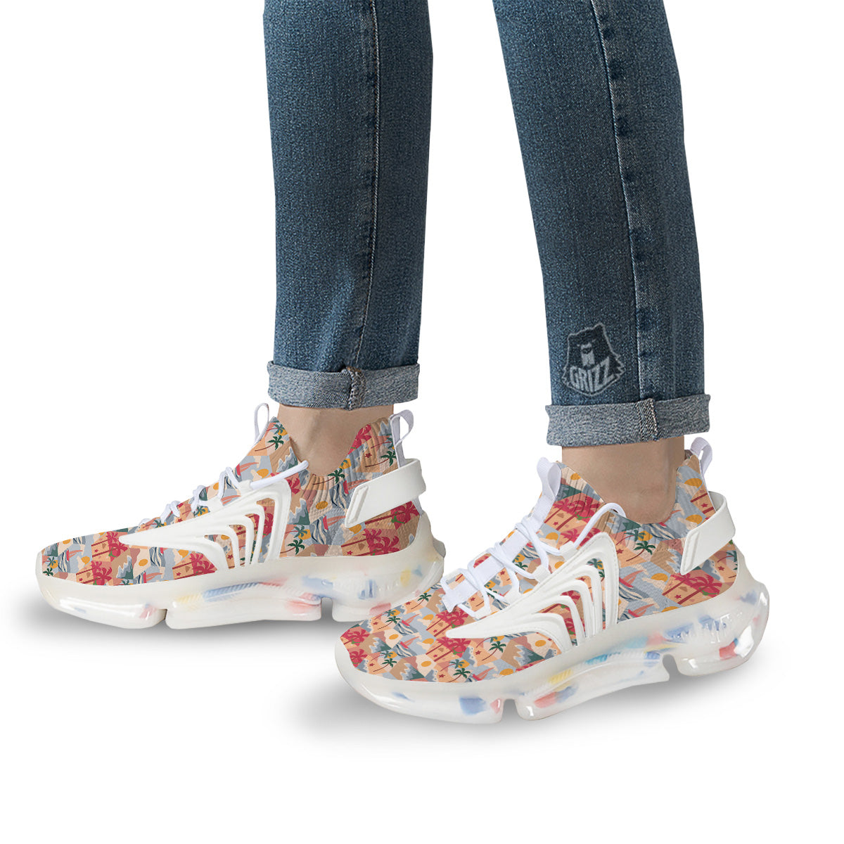 Patchwork Beach And Sunset Sky Print Pattern White Gym Shoes-grizzshop