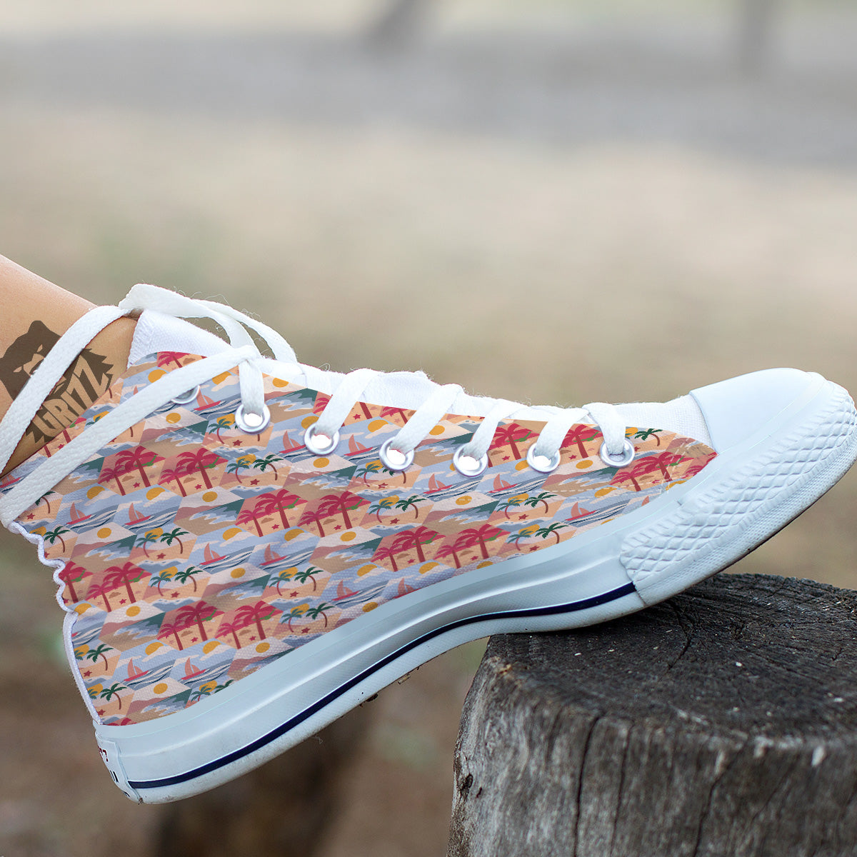 Patchwork Beach And Sunset Sky Print Pattern White High Top Shoes-grizzshop