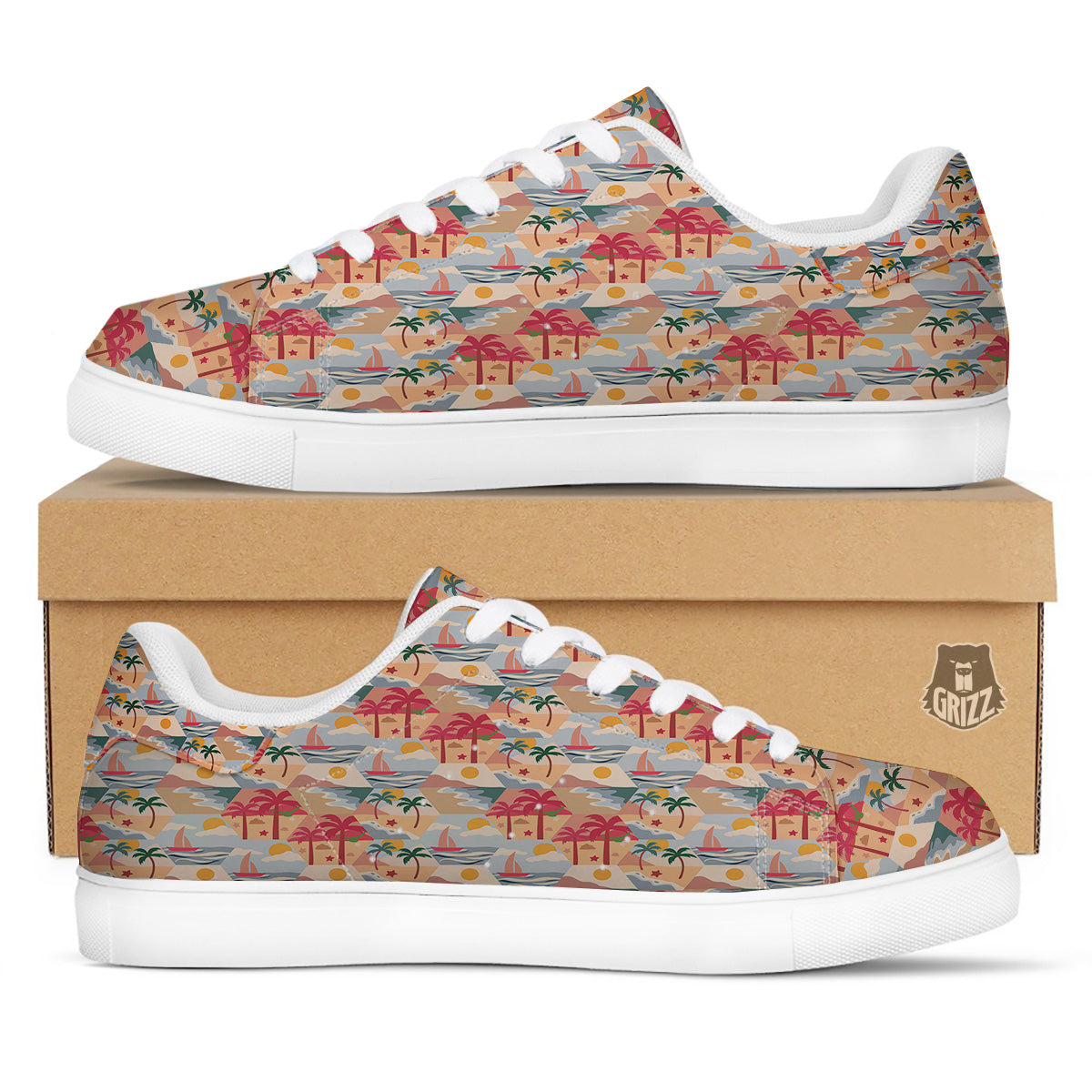 Patchwork Beach And Sunset Sky Print Pattern White Low Top Sneakers-grizzshop