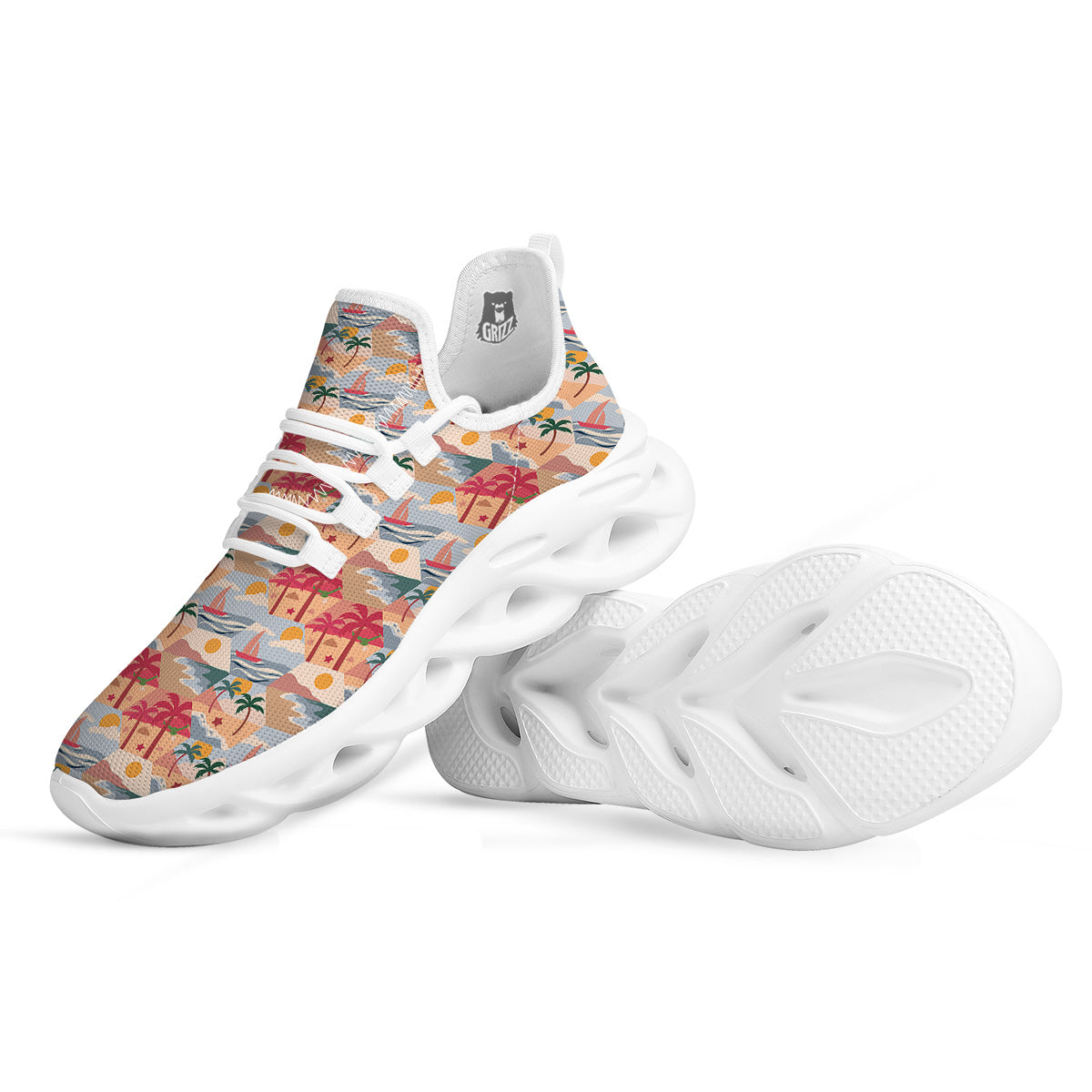 Patchwork Beach And Sunset Sky Print Pattern White Running Shoes-grizzshop