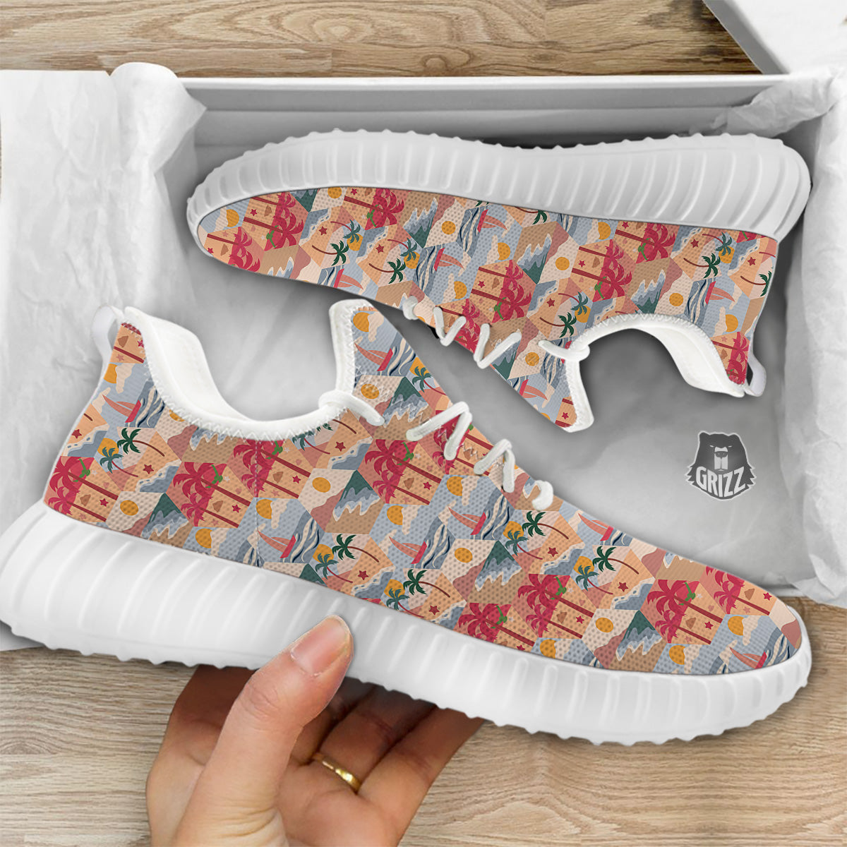 Patchwork Beach And Sunset Sky Print Pattern White Walking Shoes-grizzshop