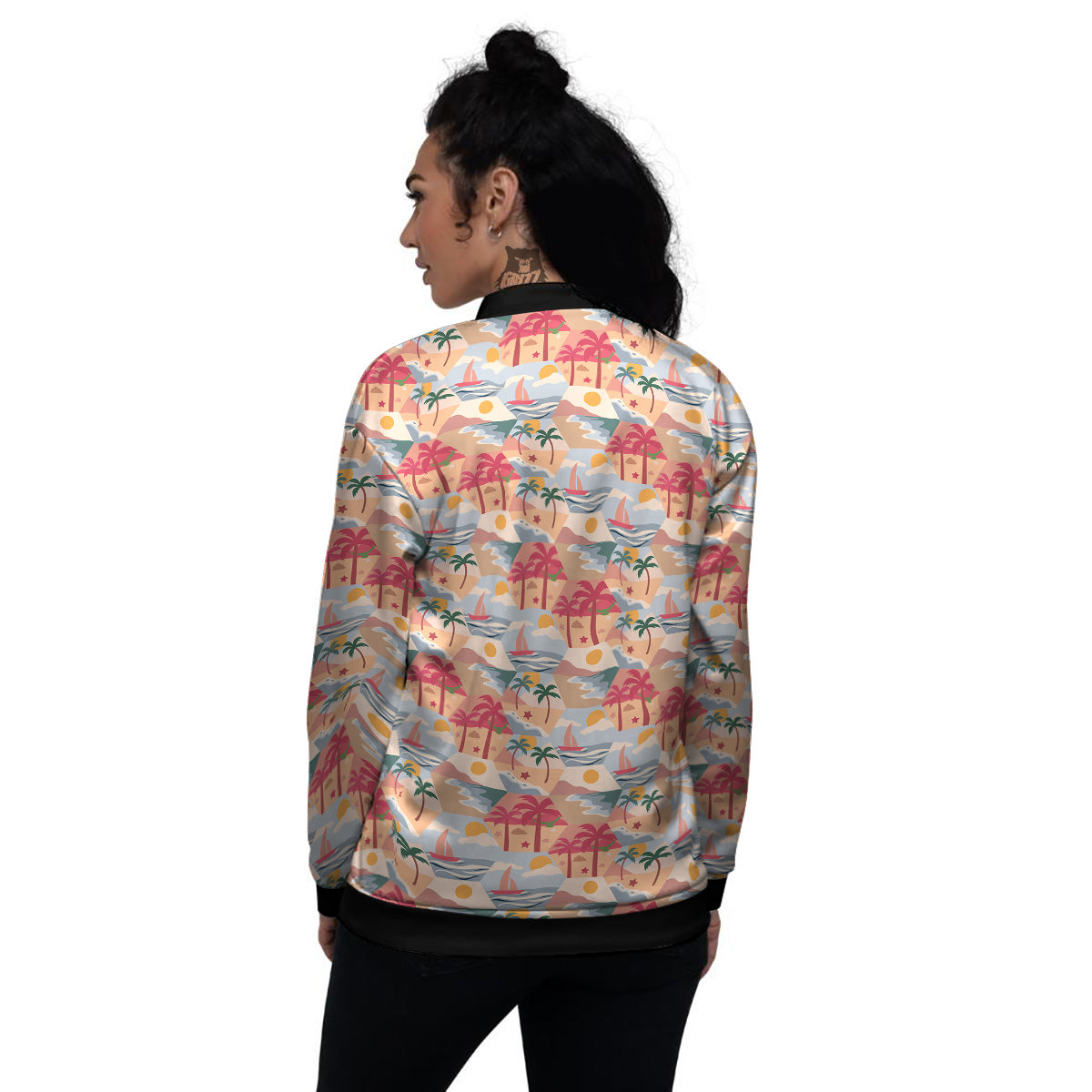 Patchwork Beach And Sunset Sky Print Pattern Women's Bomber Jacket-grizzshop