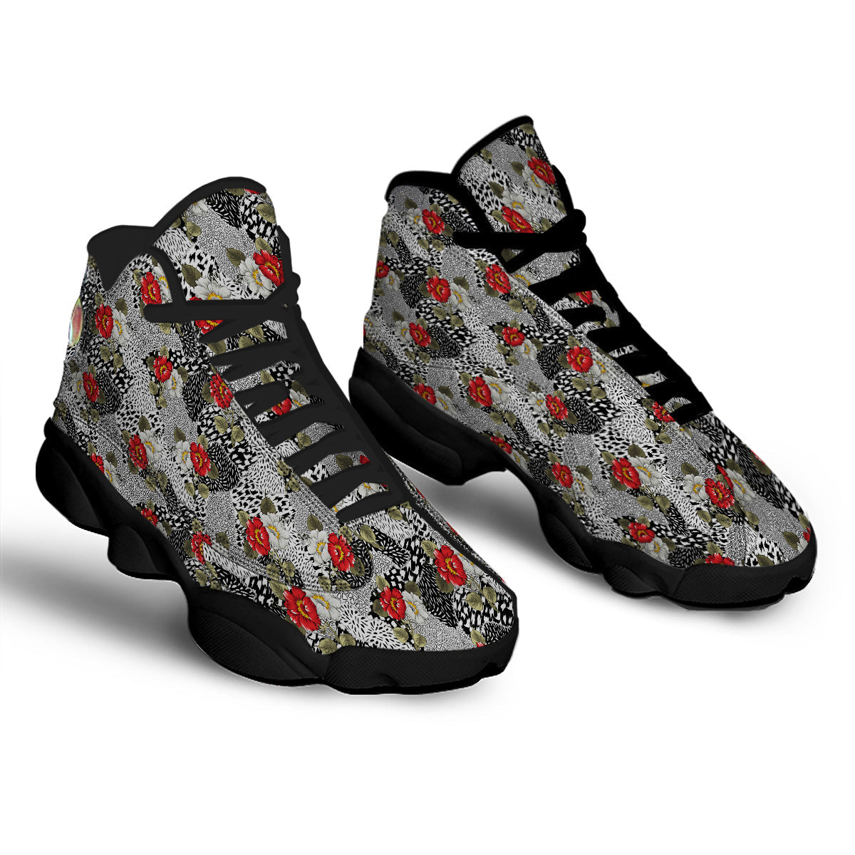 Patchwork Black White And Floral Print Pattern Black Basketball Shoes-grizzshop