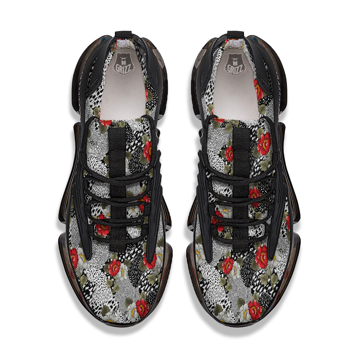 Patchwork Black White And Floral Print Pattern Black Gym Shoes-grizzshop