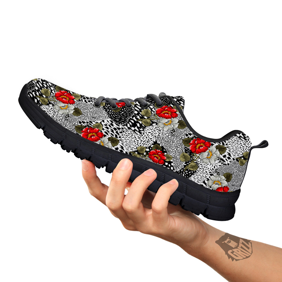Patchwork Black White And Floral Print Pattern Black Sneaker-grizzshop