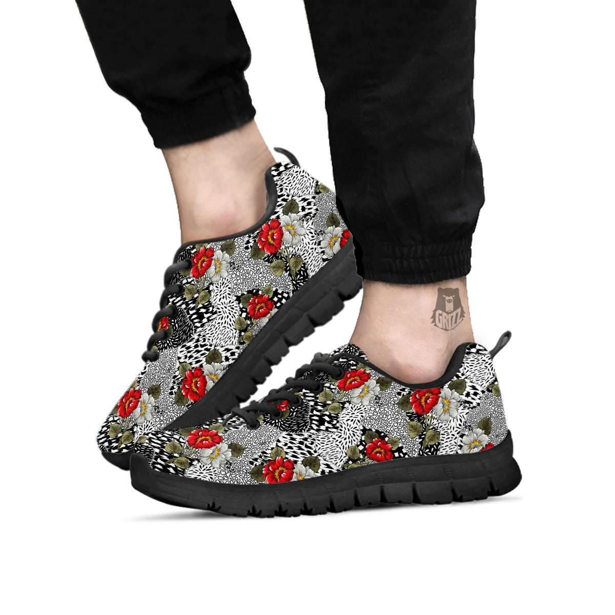 Patchwork Black White And Floral Print Pattern Black Sneaker-grizzshop