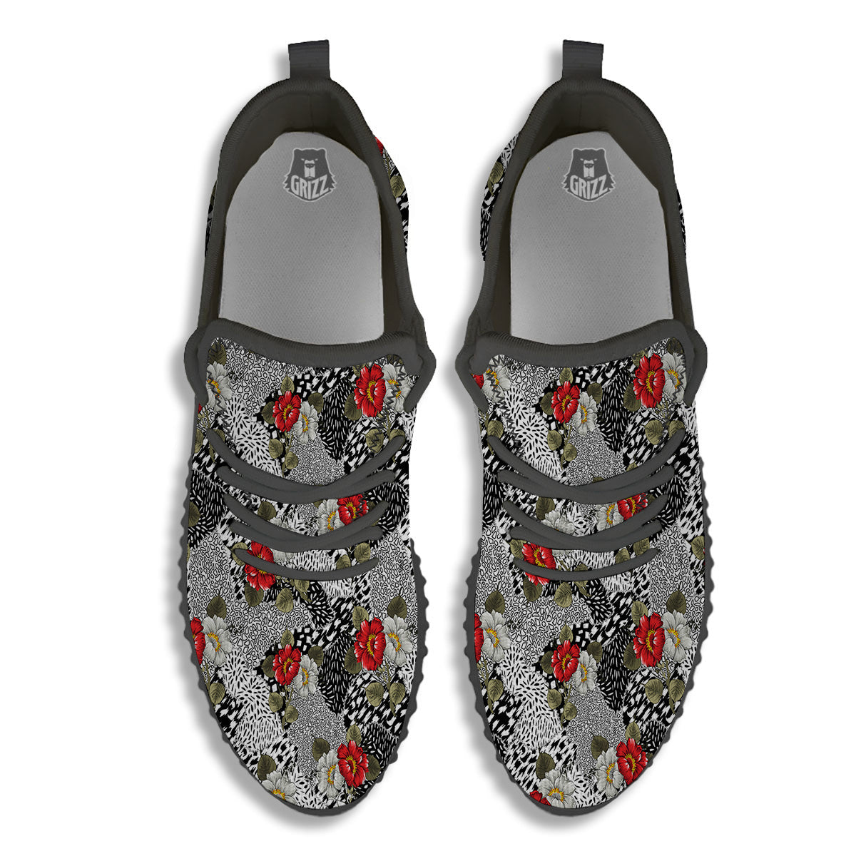 Patchwork Black White And Floral Print Pattern Black Walking Shoes-grizzshop