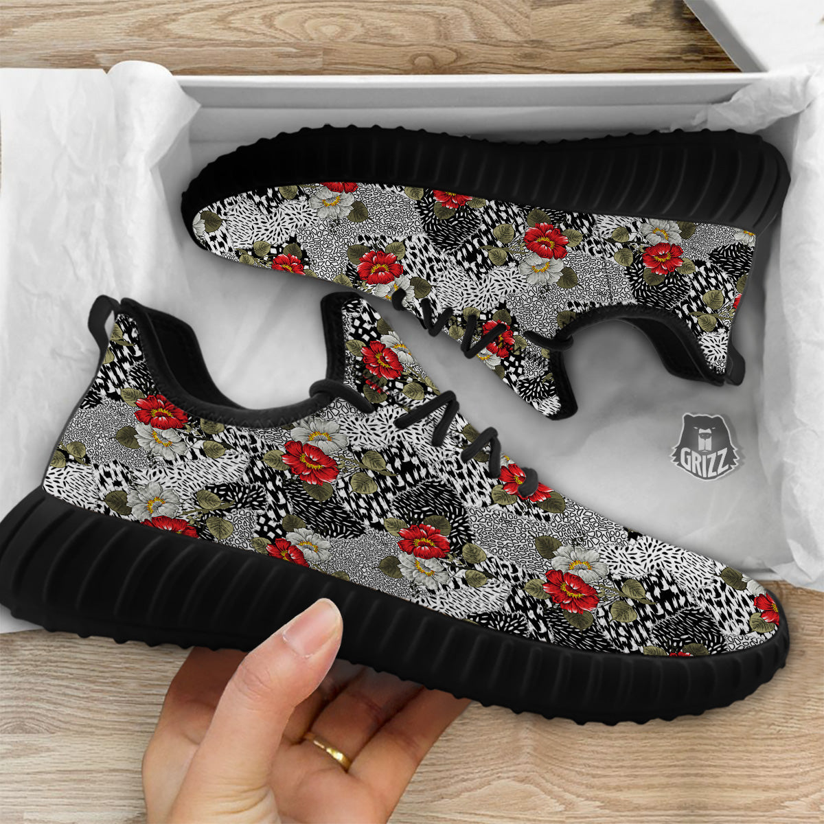 Patchwork Black White And Floral Print Pattern Black Walking Shoes-grizzshop