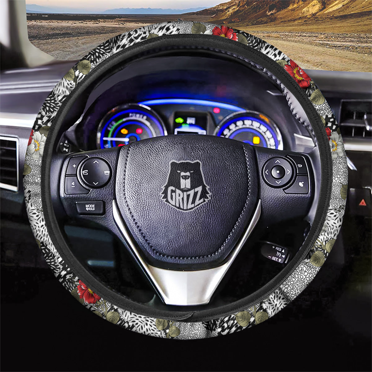 Patchwork Black White And Floral Print Pattern Car Steering Wheel Cover-grizzshop