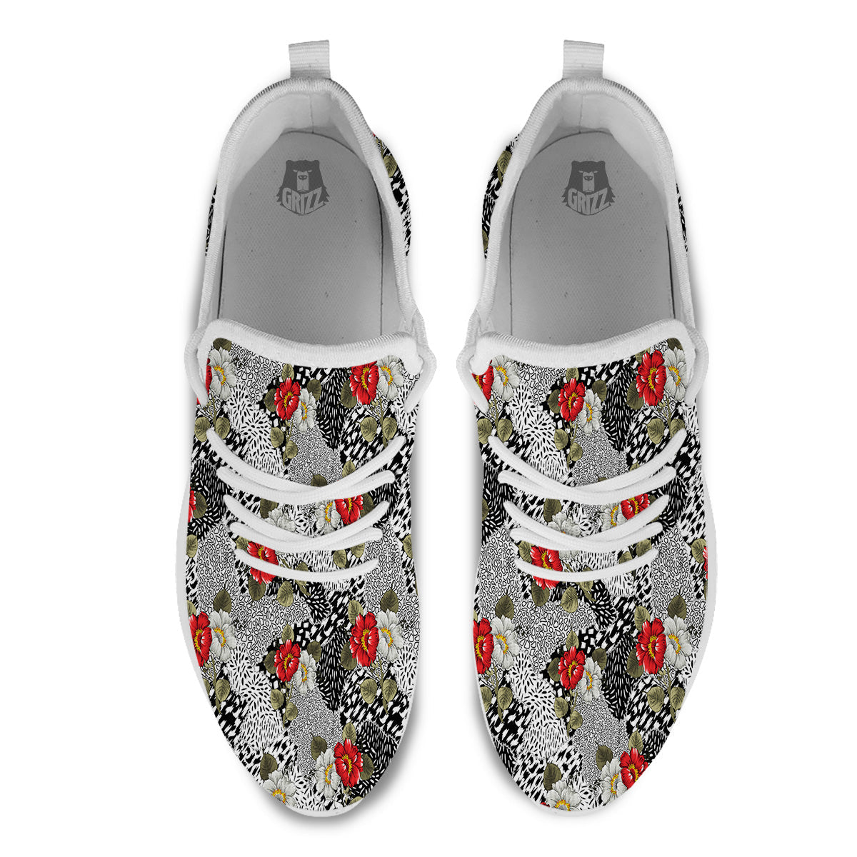 Patchwork Black White And Floral Print Pattern White Athletic Shoes-grizzshop