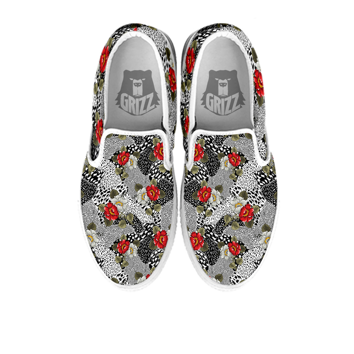Patchwork Black White And Floral Print Pattern White Slip On Shoes-grizzshop