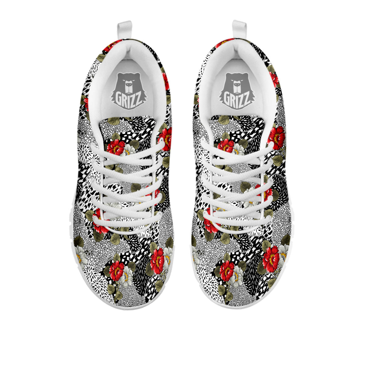 Patchwork Black White And Floral Print Pattern White Sneaker-grizzshop