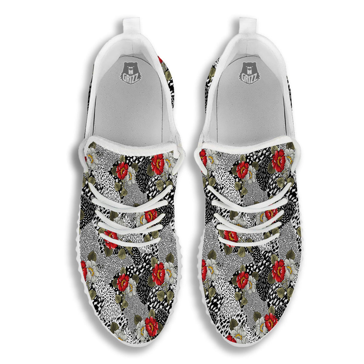 Patchwork Black White And Floral Print Pattern White Walking Shoes-grizzshop