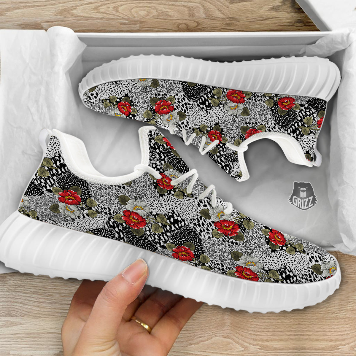 Patchwork Black White And Floral Print Pattern White Walking Shoes-grizzshop