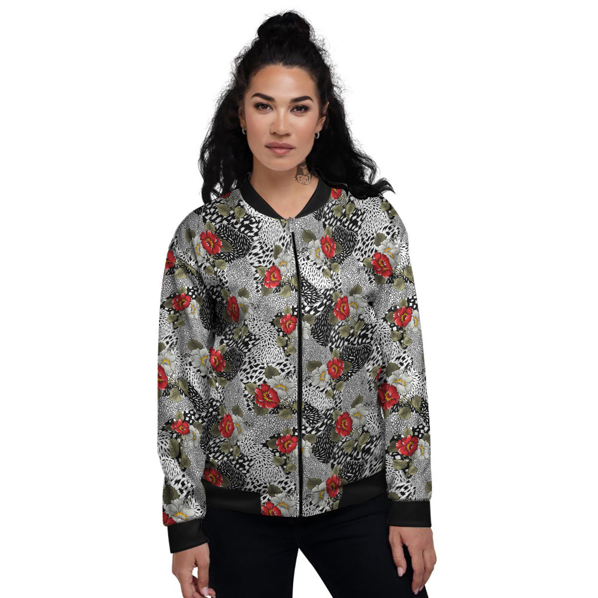 Patchwork Black White And Floral Print Pattern Women's Bomber Jacket-grizzshop