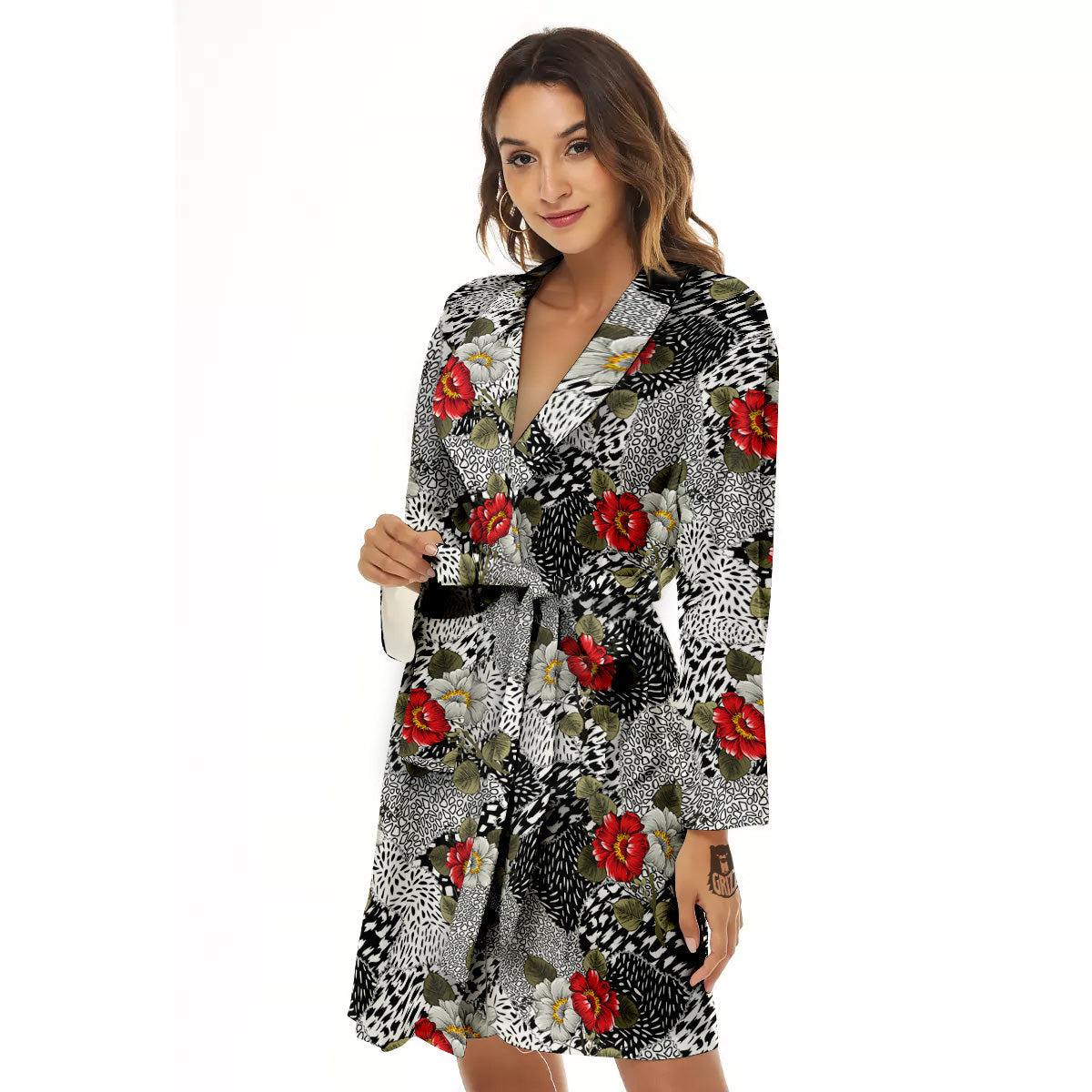 Patchwork Black White And Floral Print Pattern Women's Robe-grizzshop