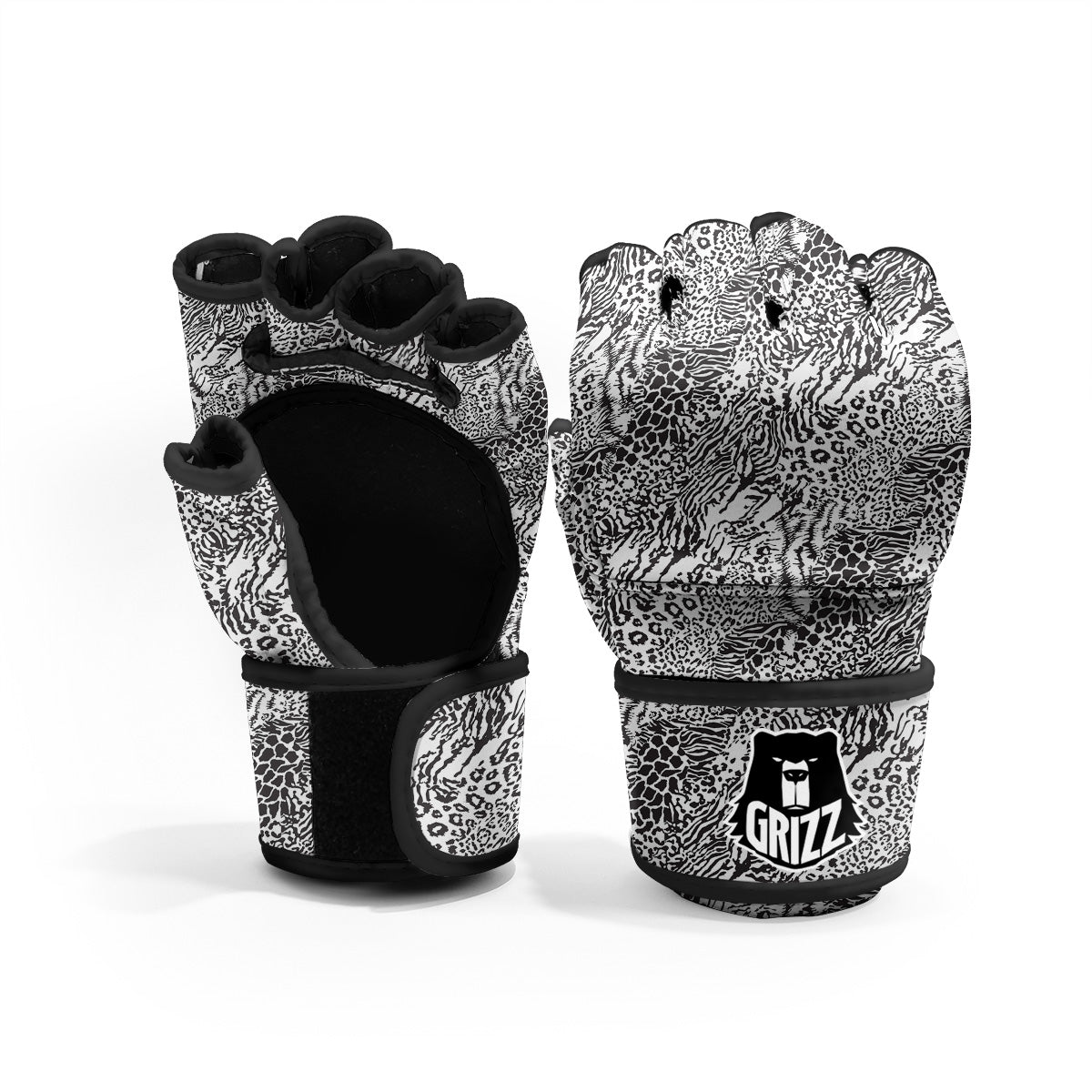 Patchwork Black White Animal Skins Print Pattern MMA Gloves-grizzshop