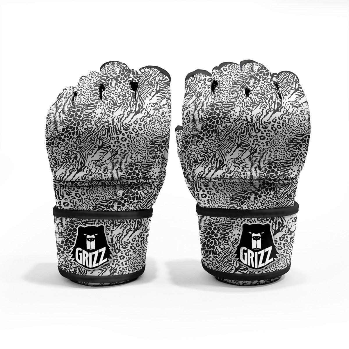Patchwork Black White Animal Skins Print Pattern MMA Gloves-grizzshop