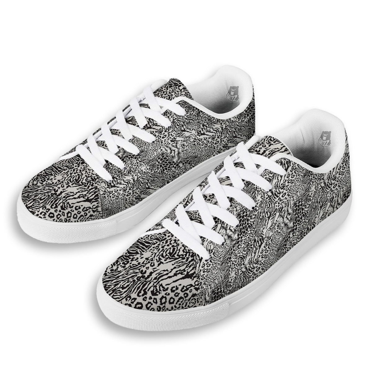 Patchwork Black White Animal Skins Print Pattern White Low Top Sneakers-grizzshop