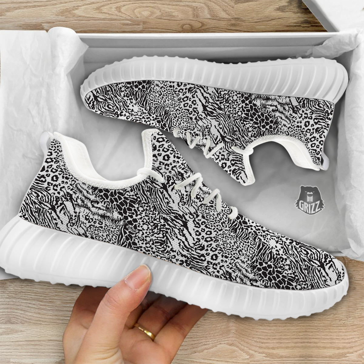 Patchwork Black White Animal Skins Print Pattern White Walking Shoes-grizzshop