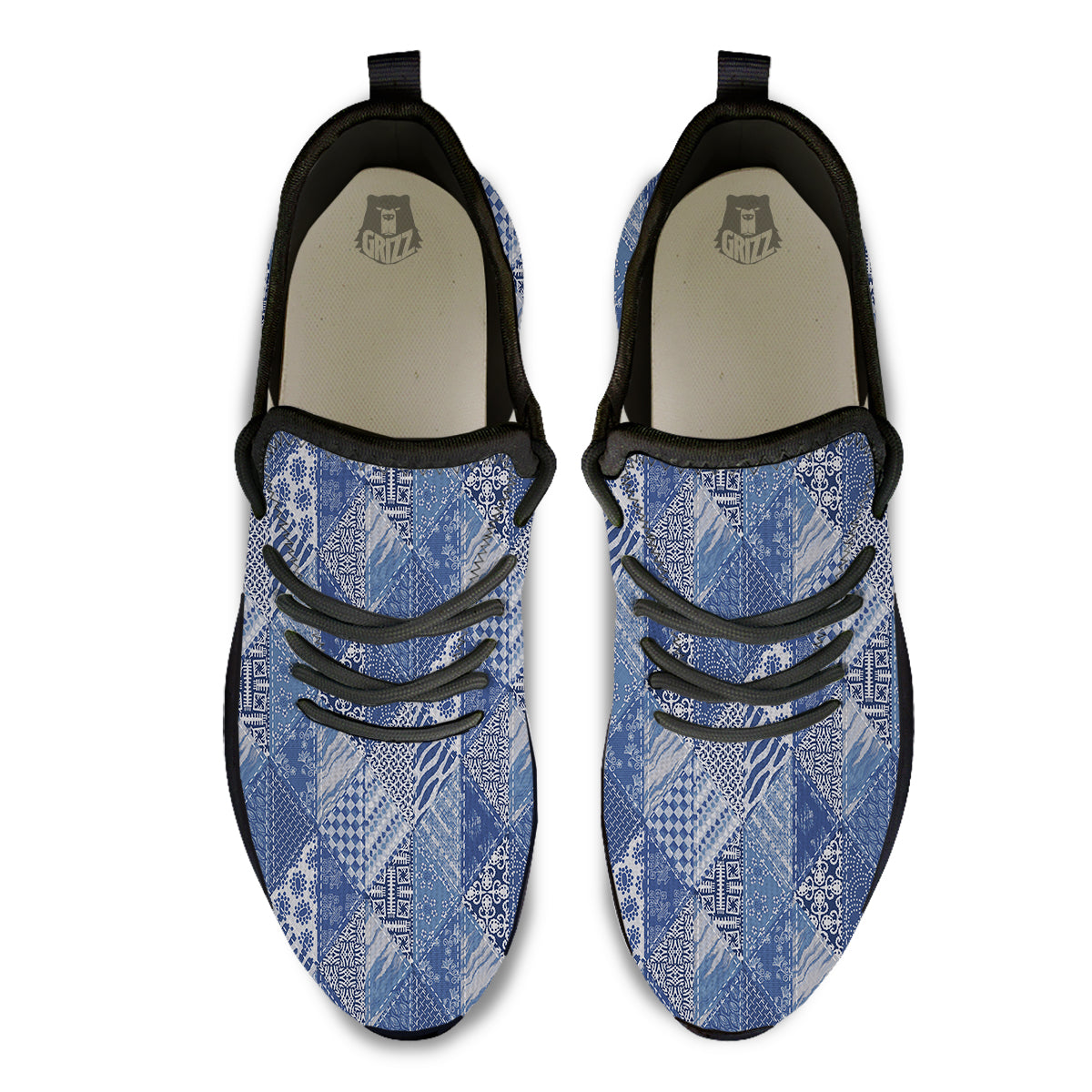 Patchwork Blue Denim Print Pattern Black Athletic Shoes-grizzshop