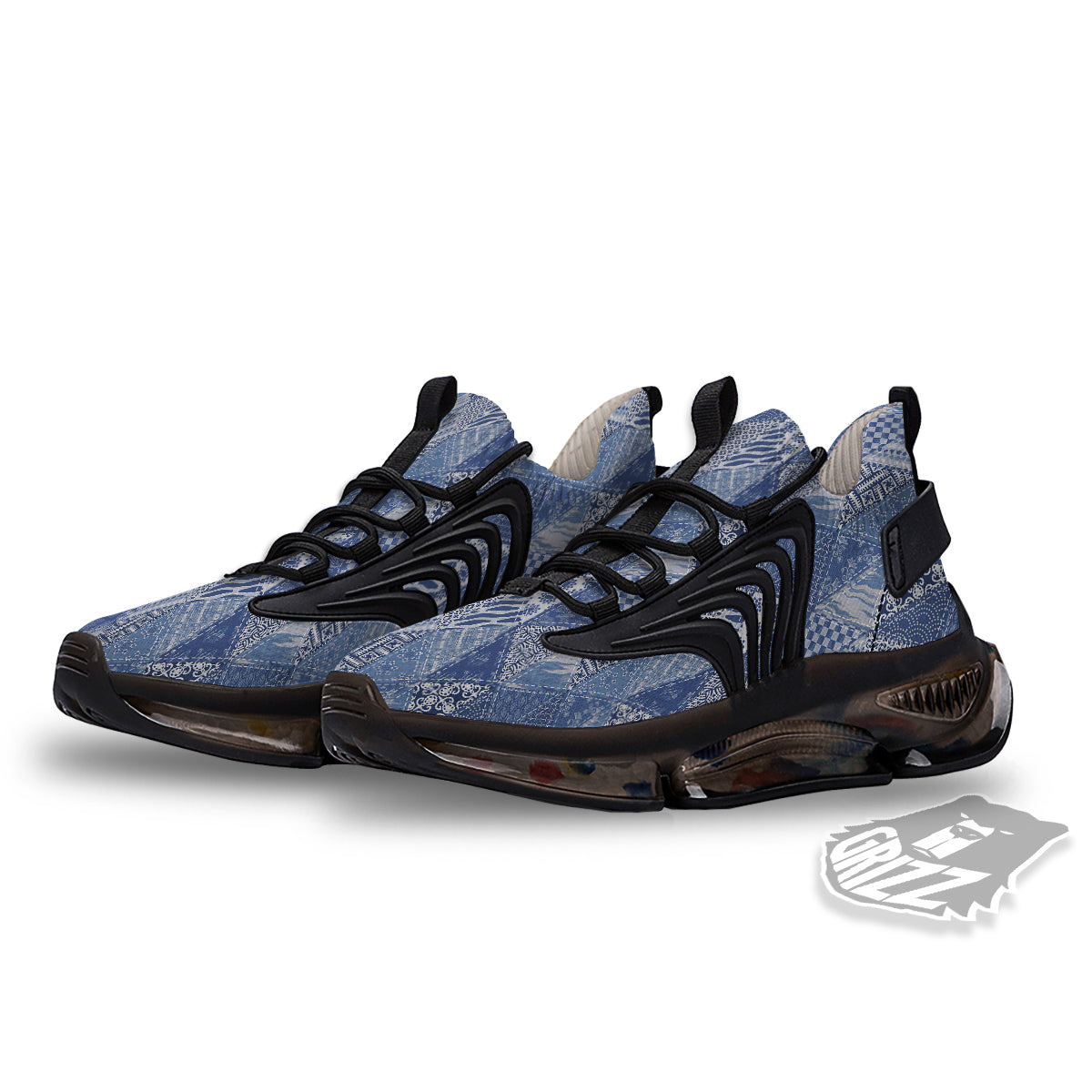 Patchwork Blue Denim Print Pattern Black Gym Shoes-grizzshop