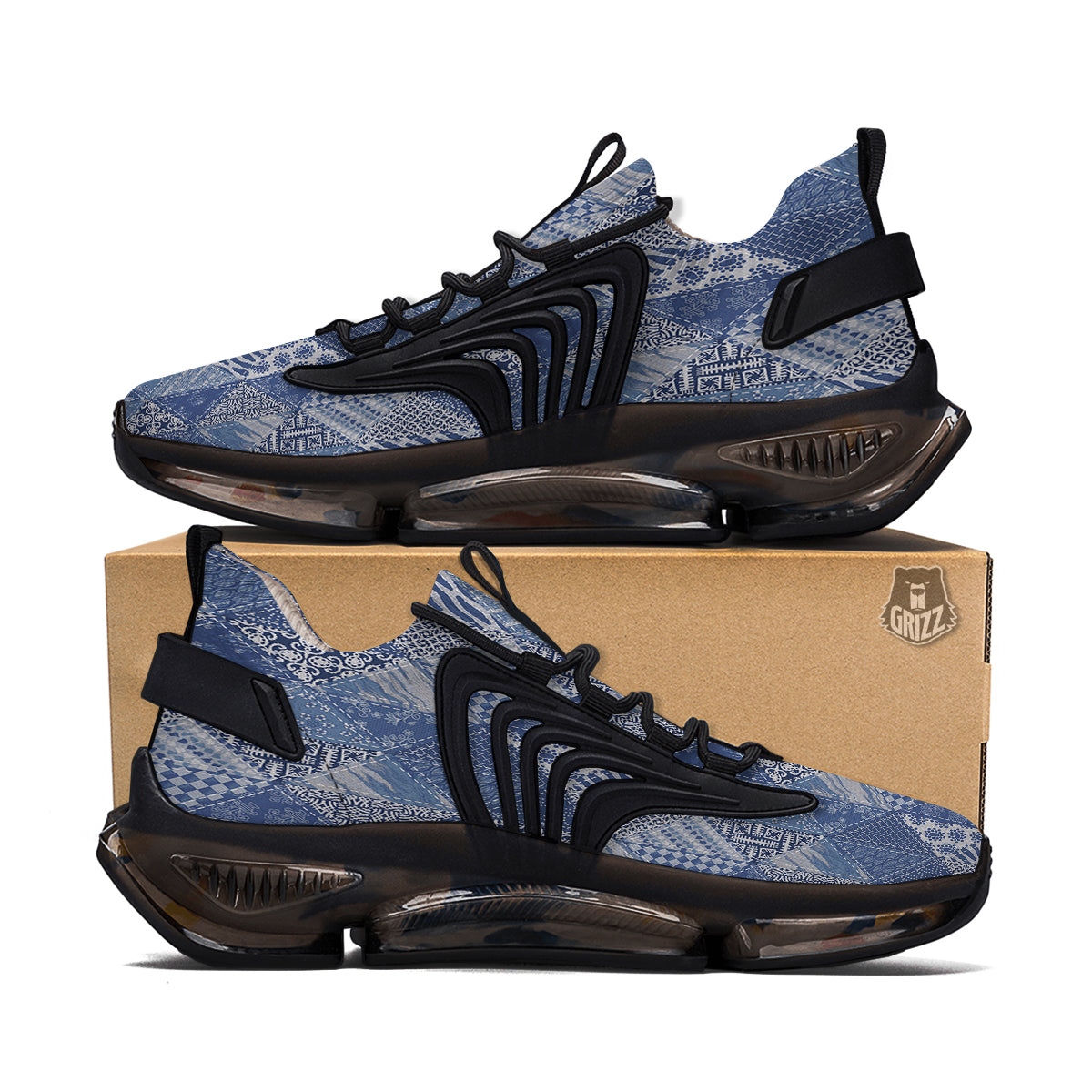 Patchwork Blue Denim Print Pattern Black Gym Shoes-grizzshop