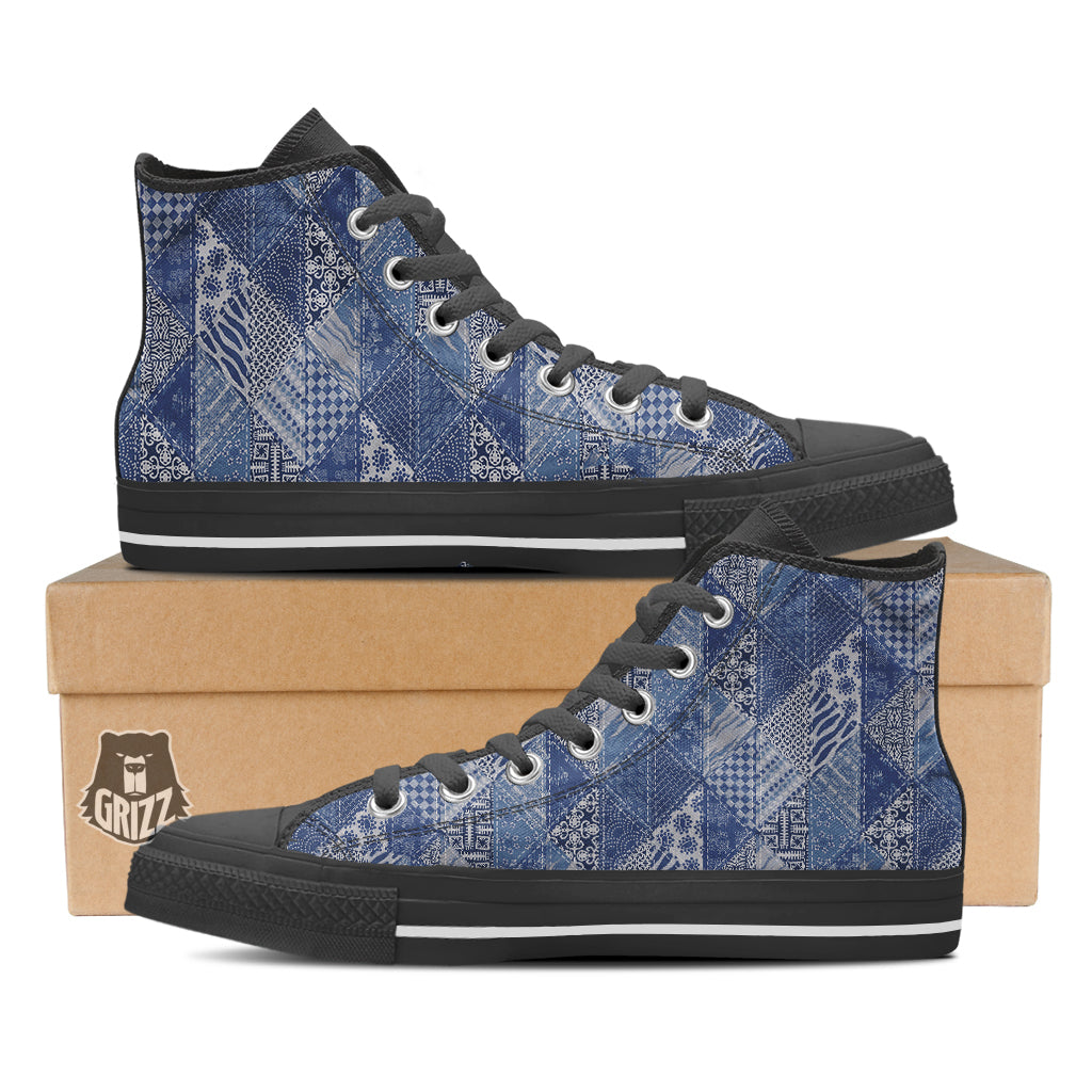 Patchwork Blue Denim Print Pattern Black High Top Shoes-grizzshop
