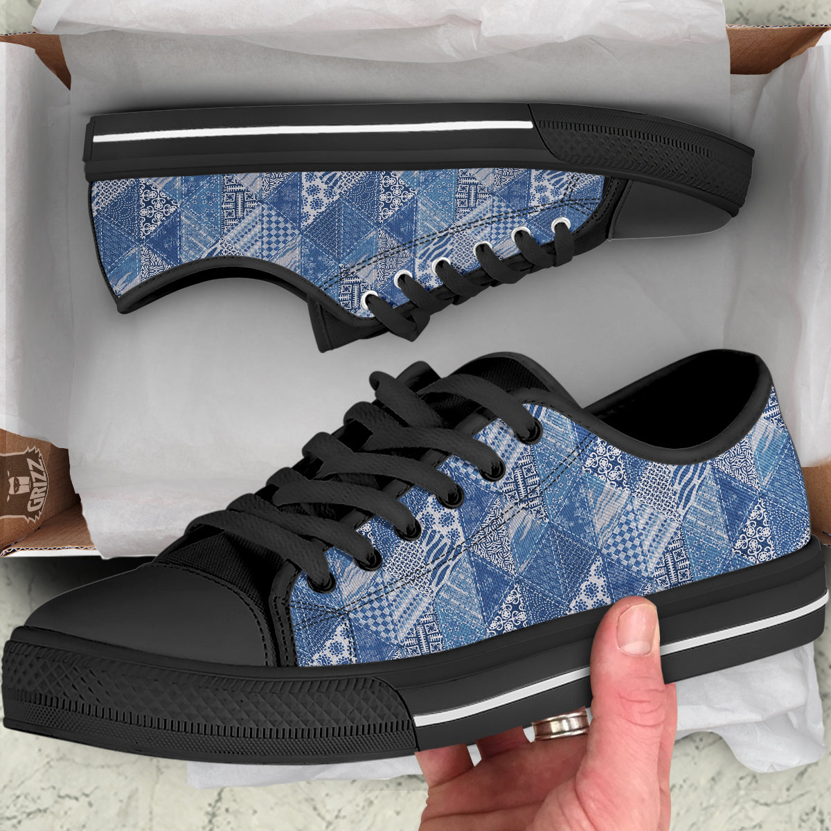 Patchwork Blue Denim Print Pattern Black Low Top Shoes-grizzshop