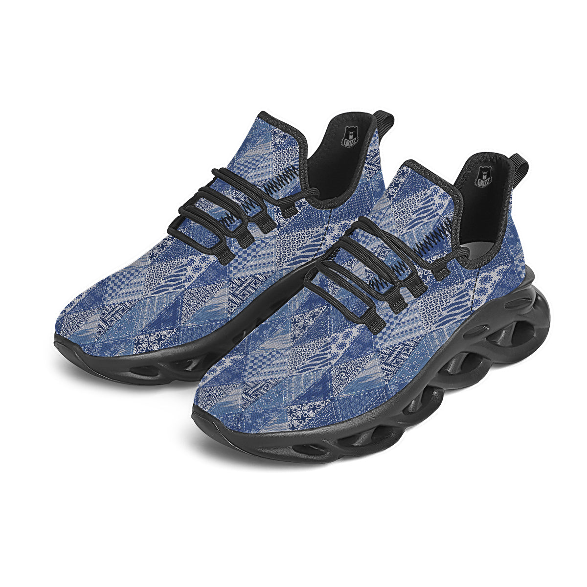 Patchwork Blue Denim Print Pattern Black Running Shoes-grizzshop