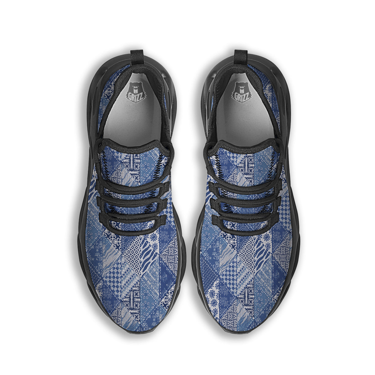 Patchwork Blue Denim Print Pattern Black Running Shoes-grizzshop