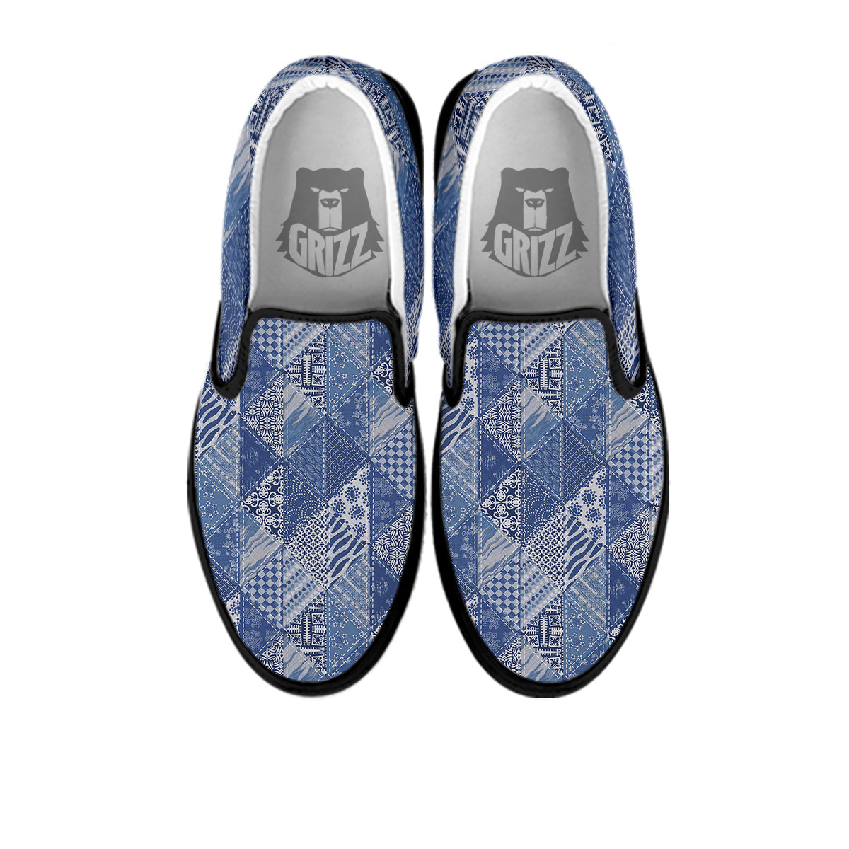 Patchwork Blue Denim Print Pattern Black Slip On Shoes-grizzshop