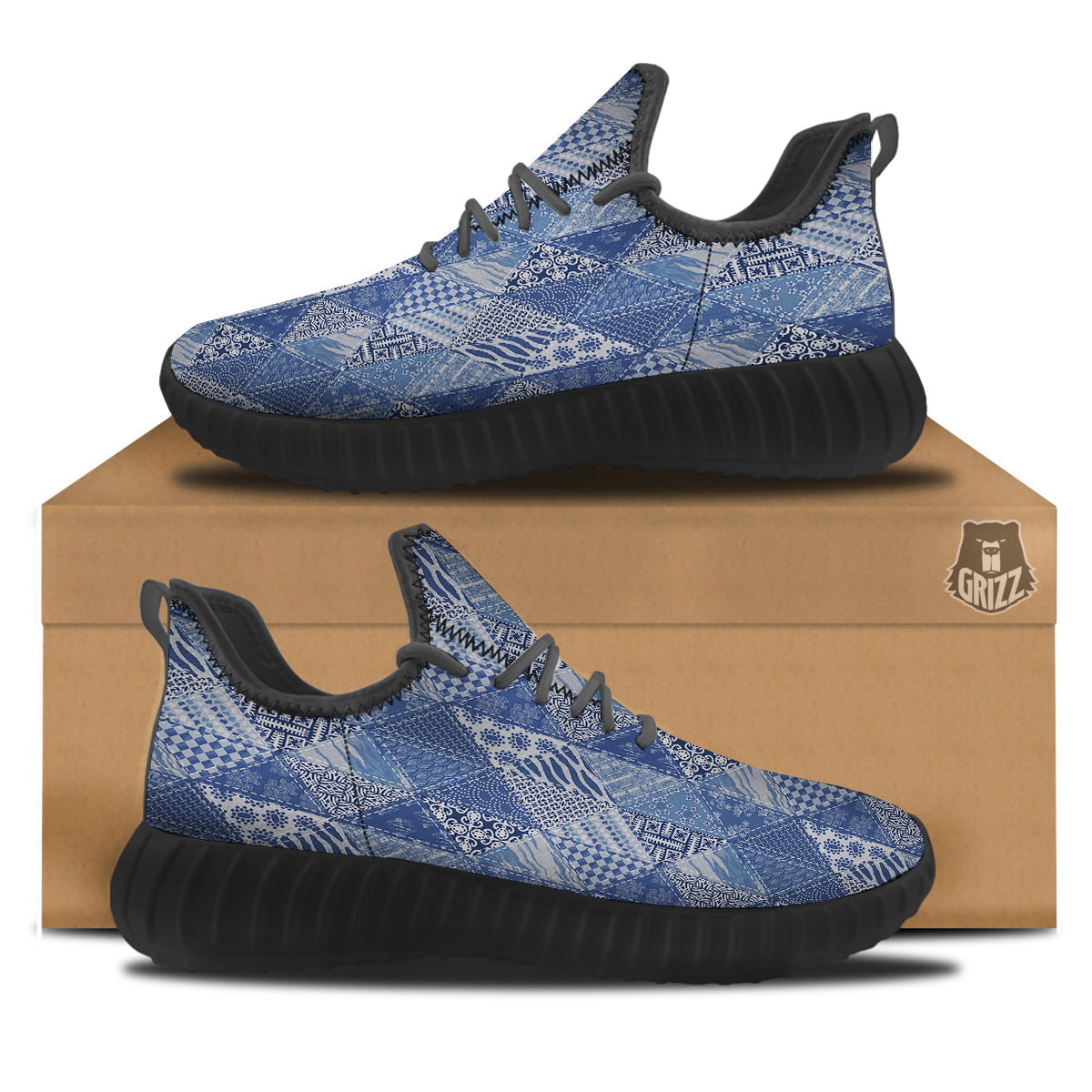 Patchwork Blue Denim Print Pattern Black Walking Shoes-grizzshop