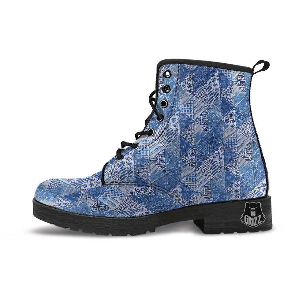 Patchwork Blue Denim Print Pattern Leather Boots-grizzshop