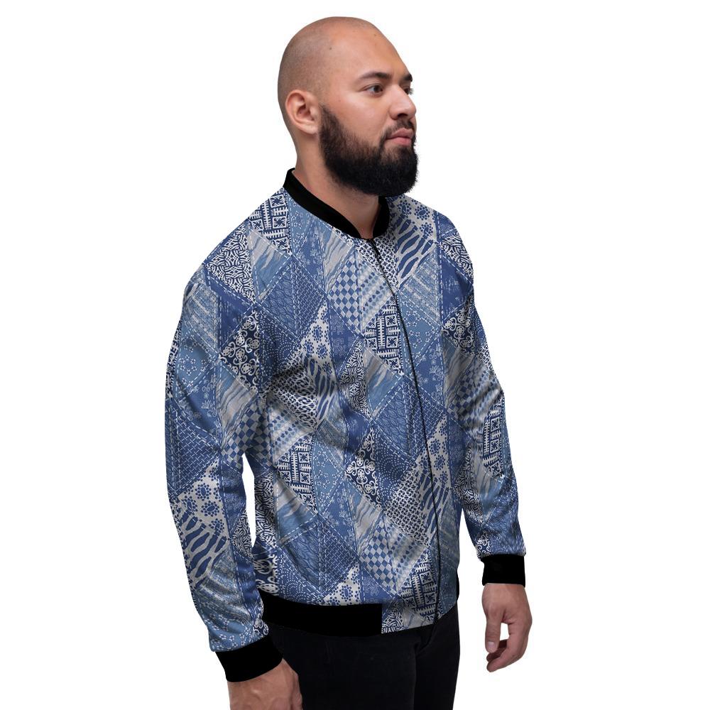 Patchwork Blue Denim Print Pattern Men's Bomber Jacket-grizzshop