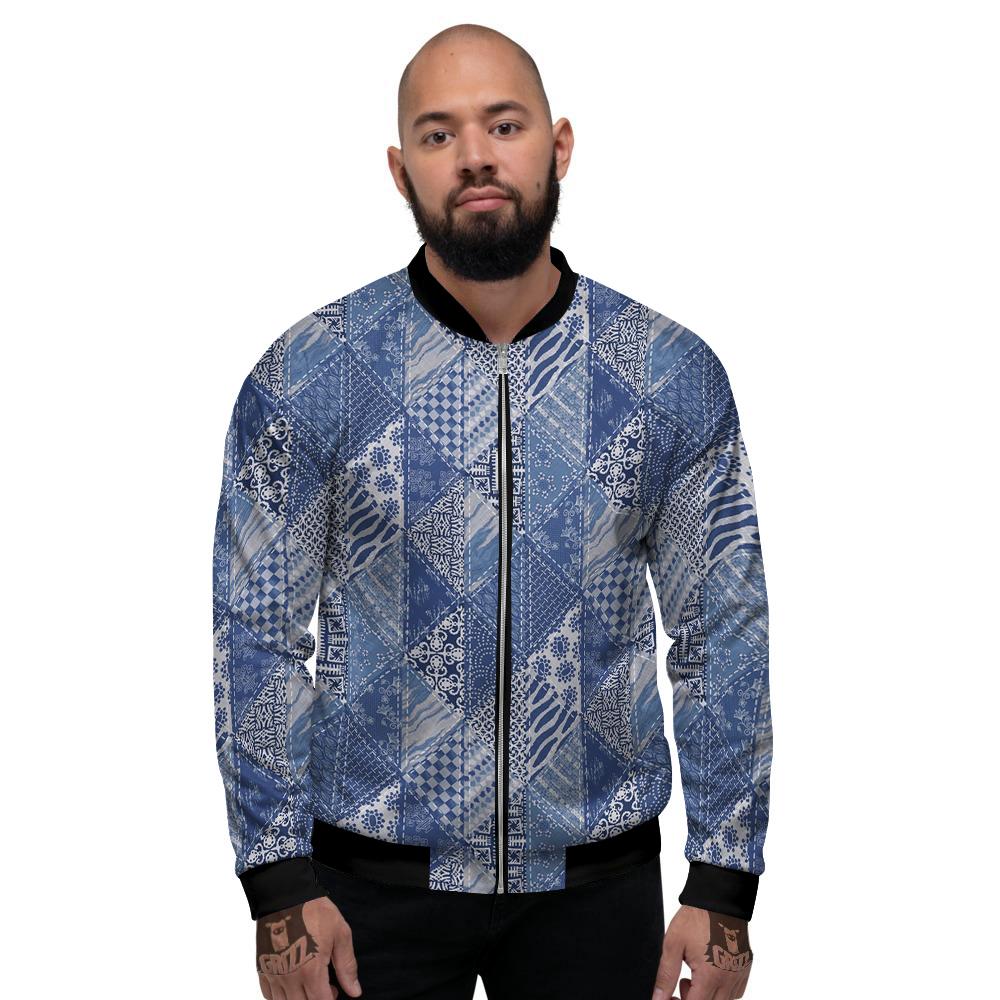 Patchwork Blue Denim Print Pattern Men's Bomber Jacket-grizzshop