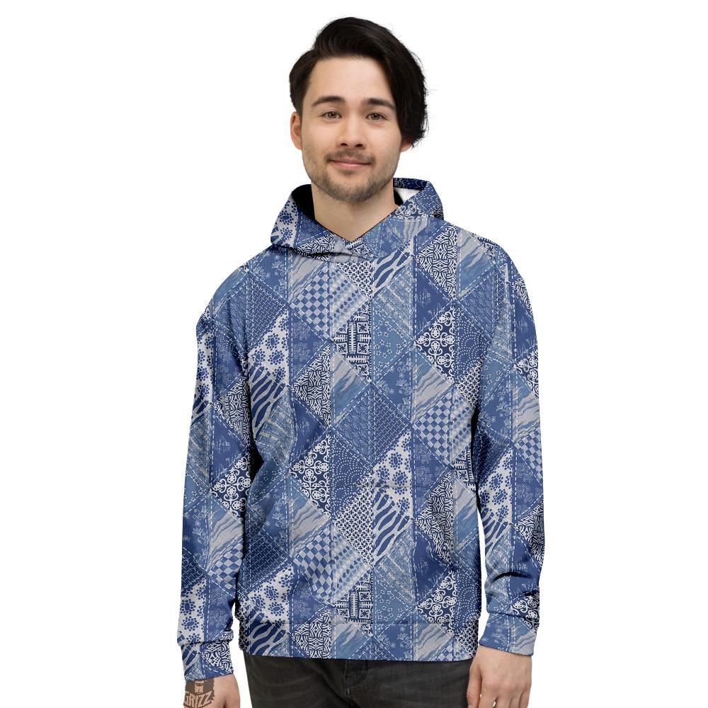 Patchwork Blue Denim Print Pattern Men's Hoodie-grizzshop